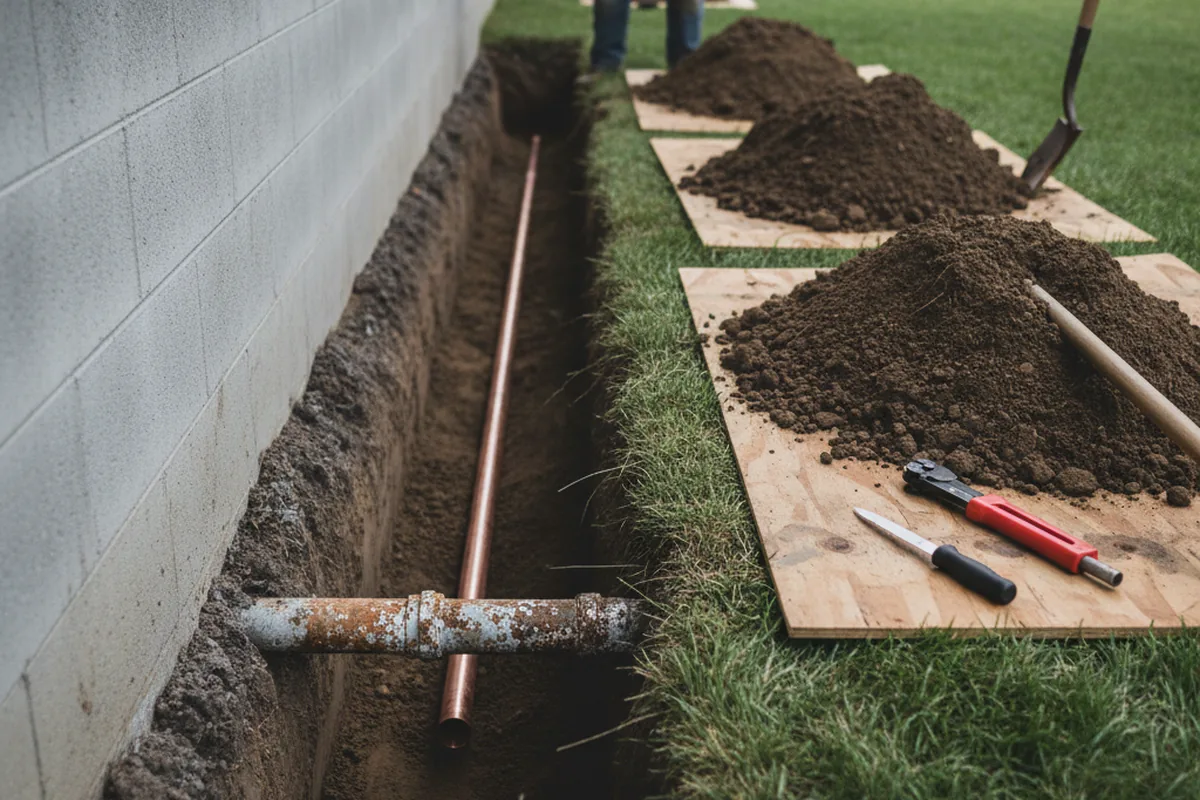 Excavated water line trench during Sewer Line Repair in Parksley